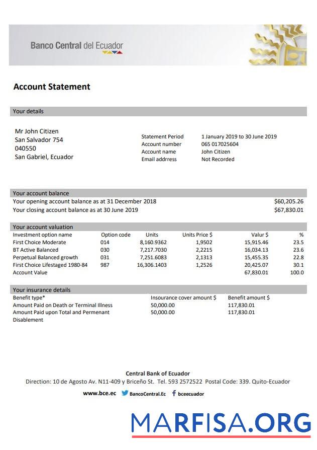 Printable Ecuador Central Bank of Ecuador bank statement word real example
